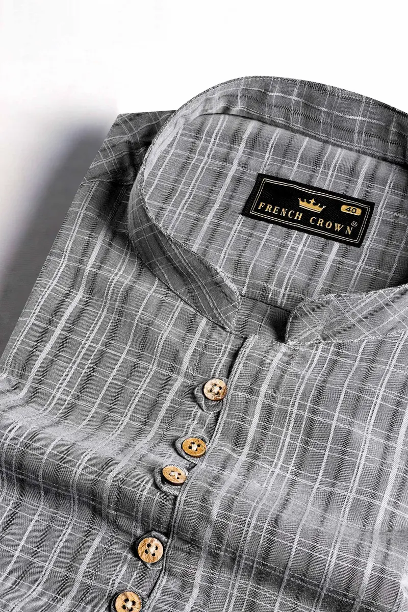 Oslo Gray And White Checkered Dobby Textured Premium Giza Cotton Kurta Shirt 4