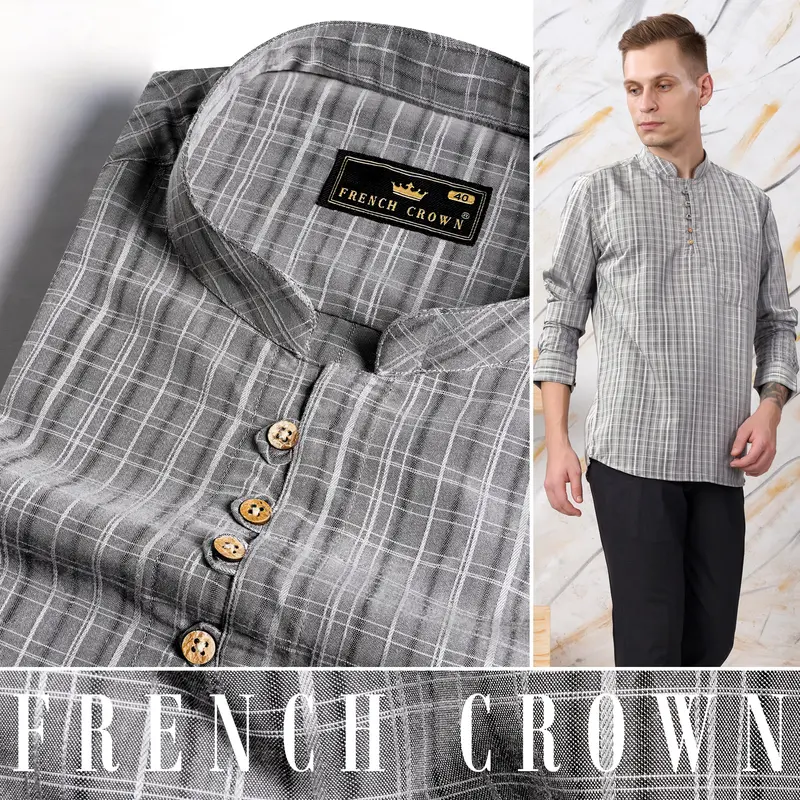 Oslo Gray And White Checkered Dobby Textured Premium Giza Cotton Kurta Shirt 5