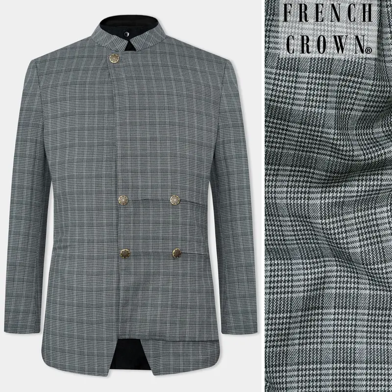 Oslo Gray Checkered Wool Rich Bandhgala Designer Stretchable Traveler Blazer 1