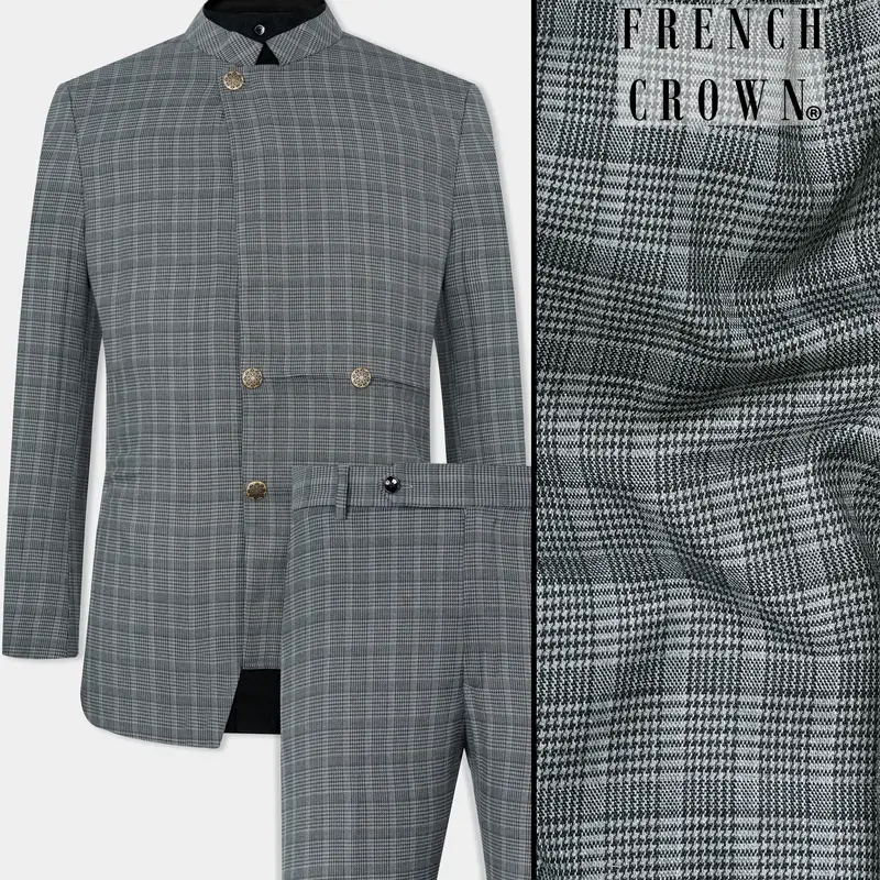 Oslo Gray Checkered Wool Rich Bandhgala Designer Stretchable Traveler Suit 1