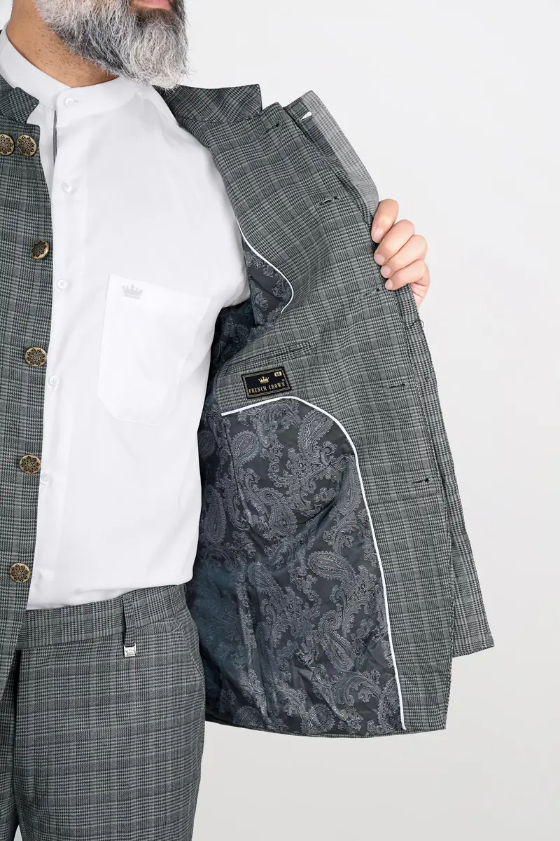 Oslo Gray Checkered Wool Rich Bandhgala Designer Stretchable Traveler Suit 11