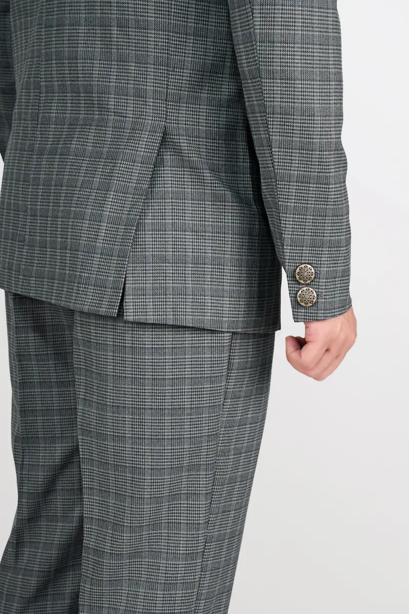 Oslo Gray Checkered Wool Rich Bandhgala Designer Stretchable Traveler Suit 12