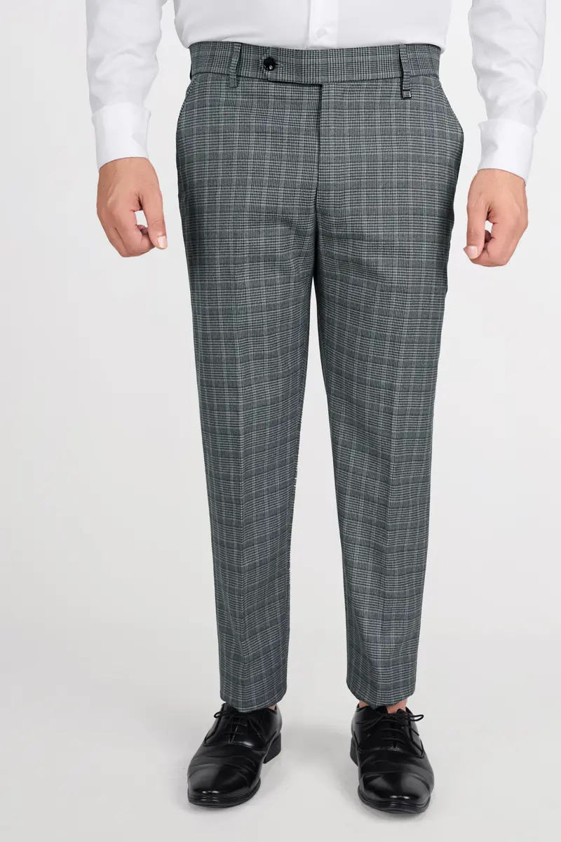 Oslo Gray Checkered Wool Rich Bandhgala Designer Stretchable Traveler Suit 13