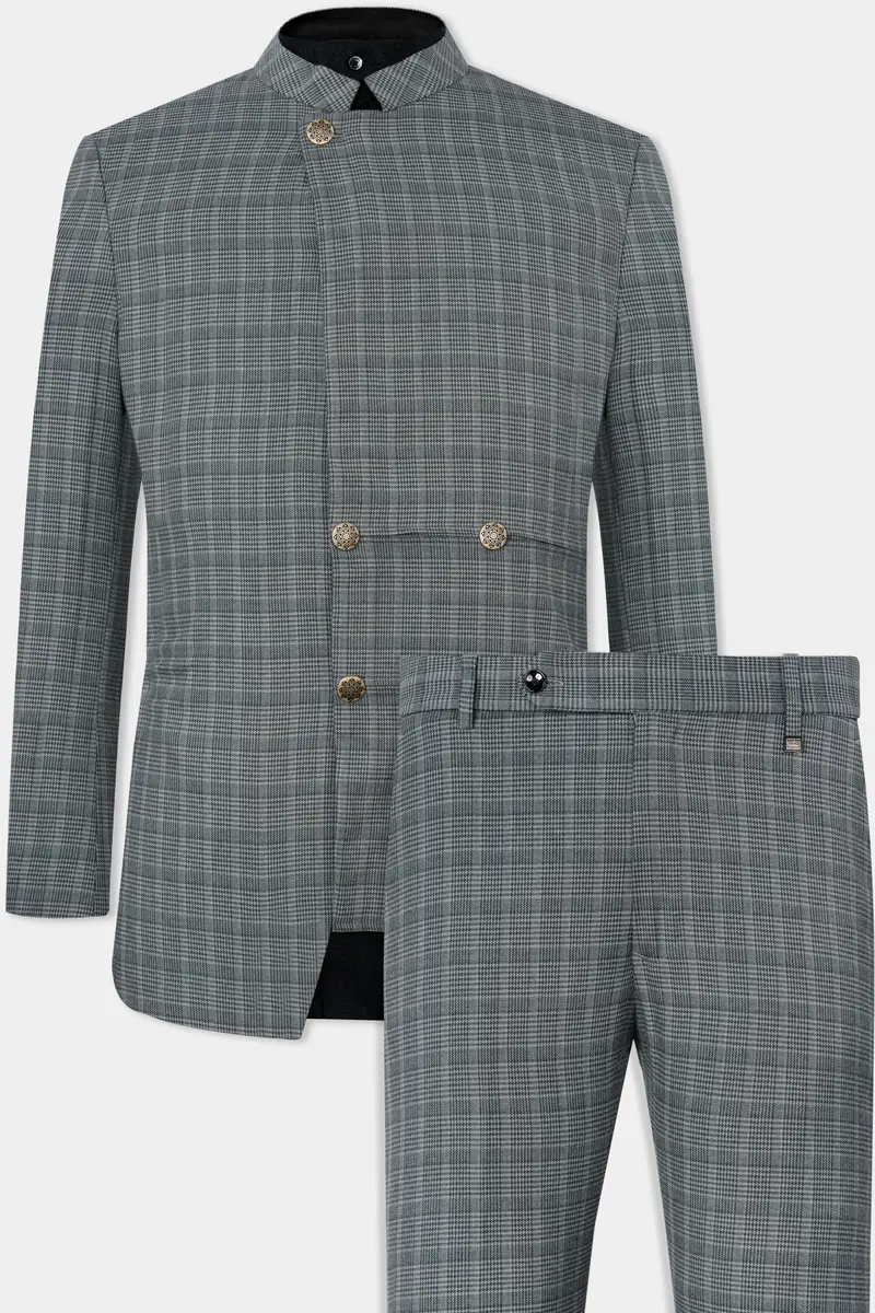 Oslo Gray Checkered Wool Rich Bandhgala Designer Stretchable Traveler Suit 2