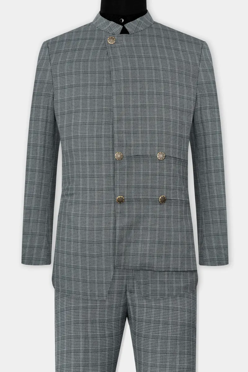 Oslo Gray Checkered Wool Rich Bandhgala Designer Stretchable Traveler Suit 4