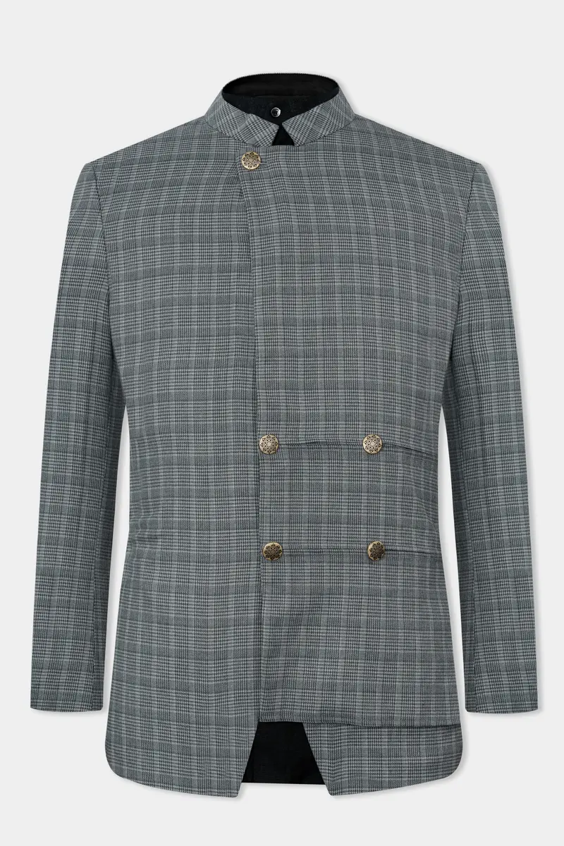 Oslo Gray Checkered Wool Rich Bandhgala Designer Stretchable Traveler Suit 5