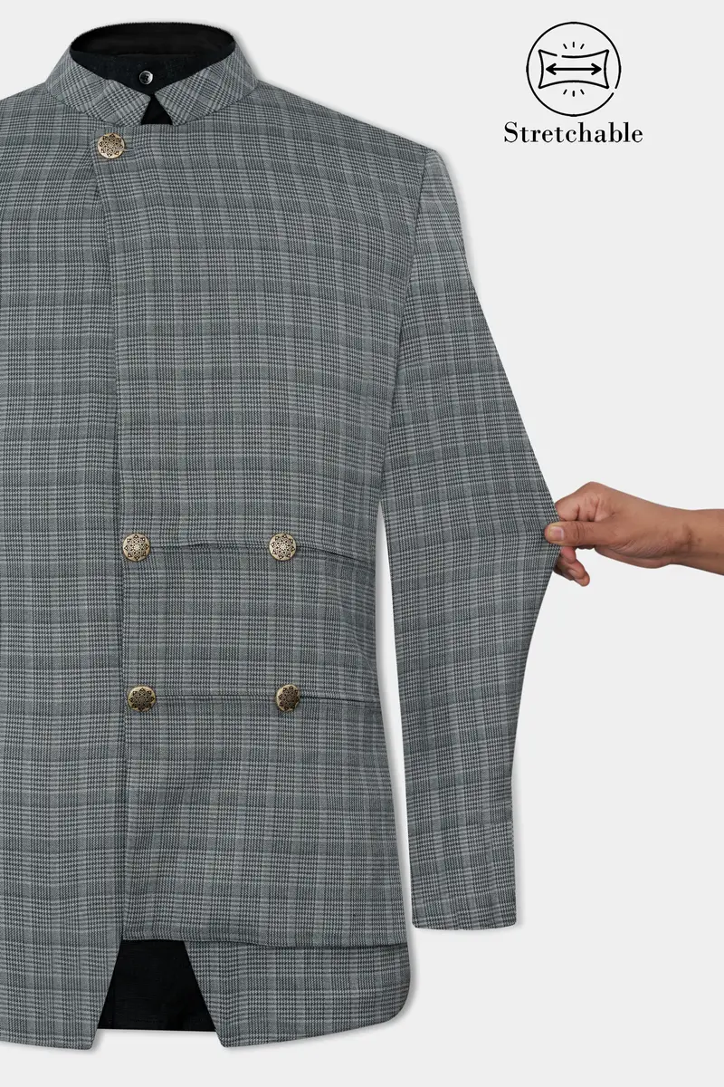 Oslo Gray Checkered Wool Rich Bandhgala Designer Stretchable Traveler Suit 6