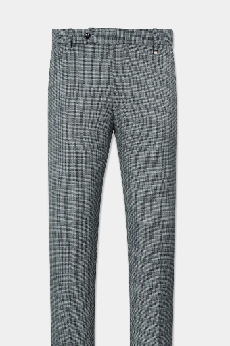 Oslo Gray Checkered Wool Rich Bandhgala Designer Stretchable Traveler Suit 7