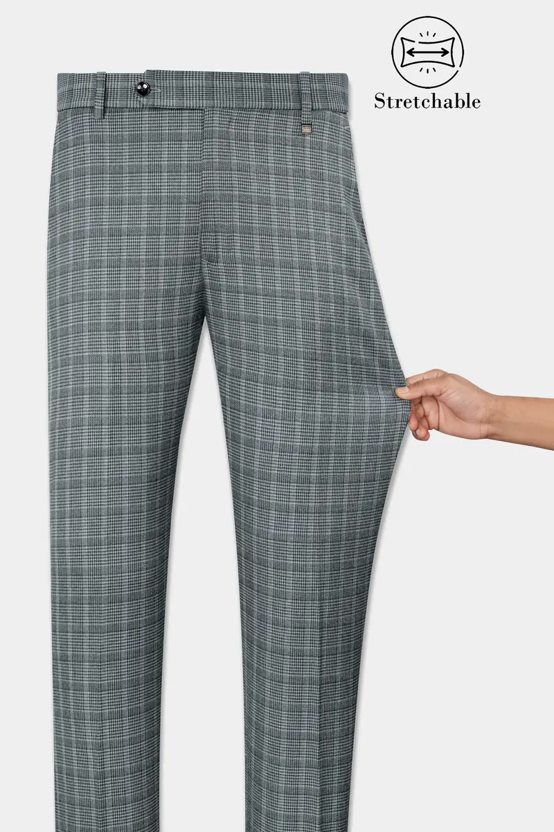 Oslo Gray Checkered Wool Rich Bandhgala Designer Stretchable Traveler Suit 8
