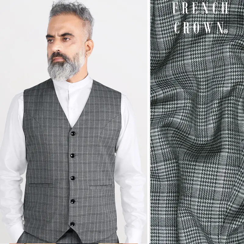 Oslo Gray Checkered Wool Rich Stretchable Traveler Waistcoat 1