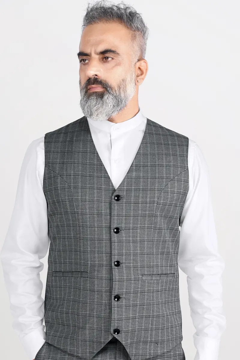 Oslo Gray Checkered Wool Rich Stretchable Traveler Waistcoat 2