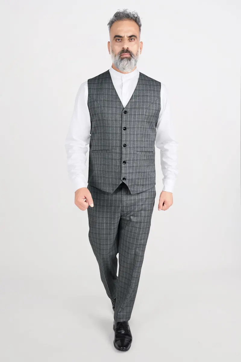 Oslo Gray Checkered Wool Rich Stretchable Traveler Waistcoat 4