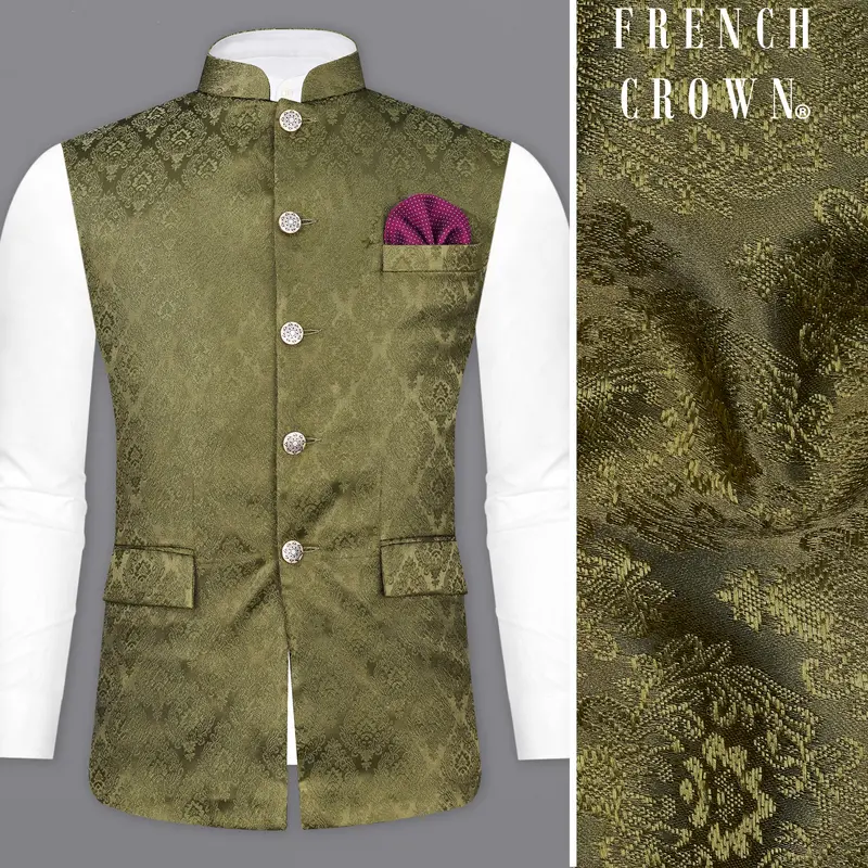 Otter Green Damask Textured Designer Nehru Jacket 1