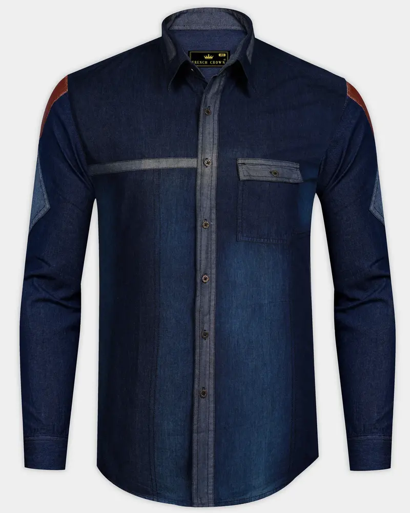 Outer Space Blue With Brown Patchwork Chambray Denim Designer Shirt 1