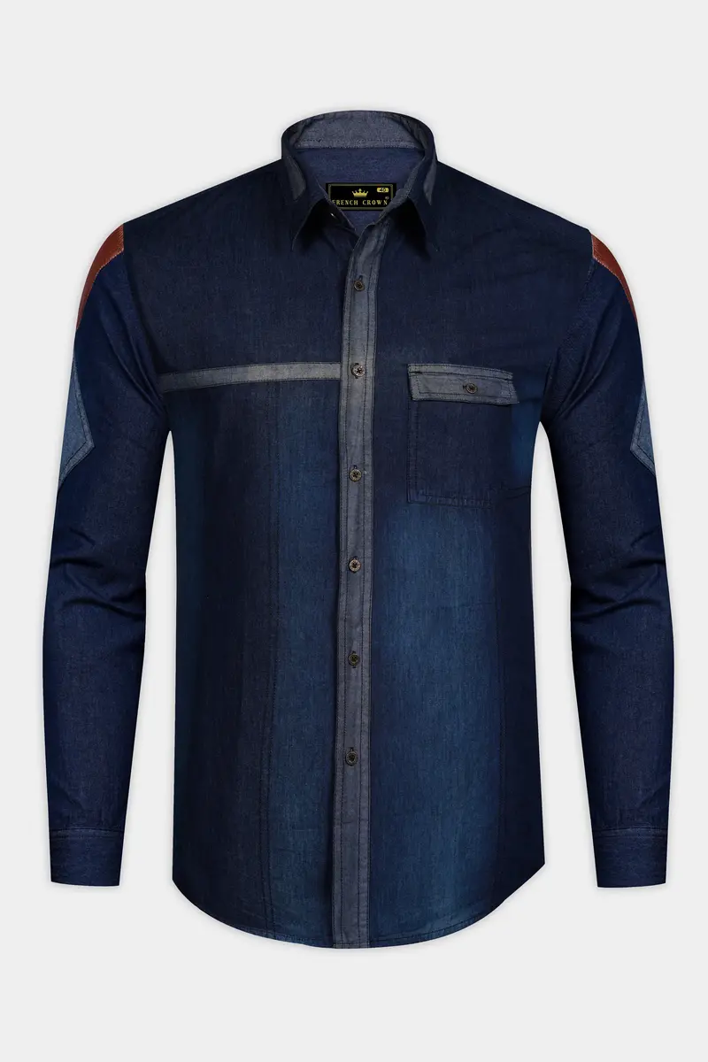 Outer Space Blue With Brown Patchwork Chambray Denim Designer Shirt 2