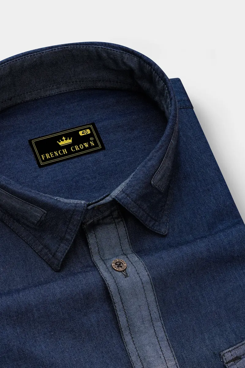 Outer Space Blue With Brown Patchwork Chambray Denim Designer Shirt 4