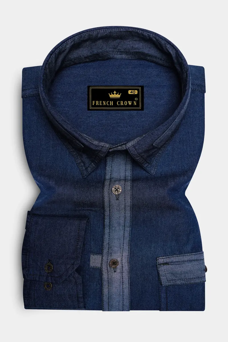 Outer Space Blue With Brown Patchwork Chambray Denim Designer Shirt 5