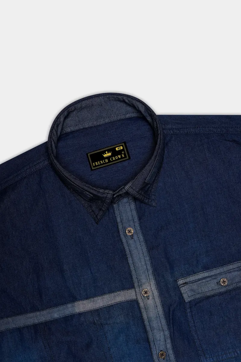 Outer Space Blue With Brown Patchwork Chambray Denim Designer Shirt 6