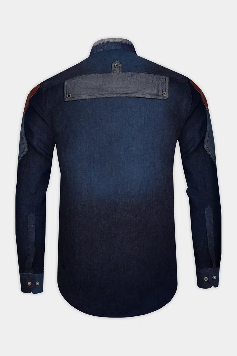 Outer Space Blue With Brown Patchwork Chambray Denim Designer Shirt 7