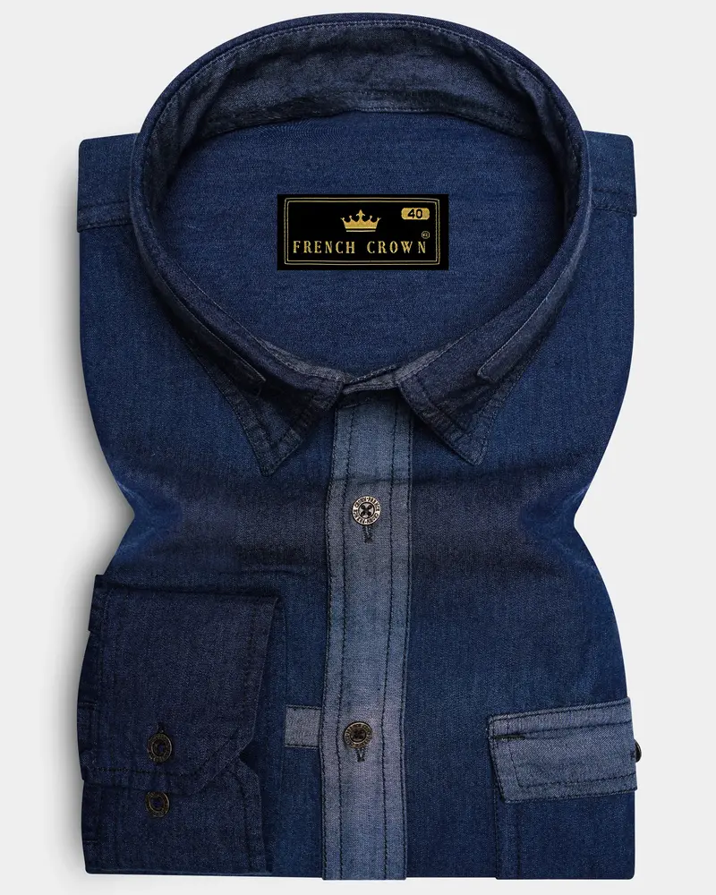 Outer Space Blue With Brown Patchwork Chambray Denim Designer Shirt 8