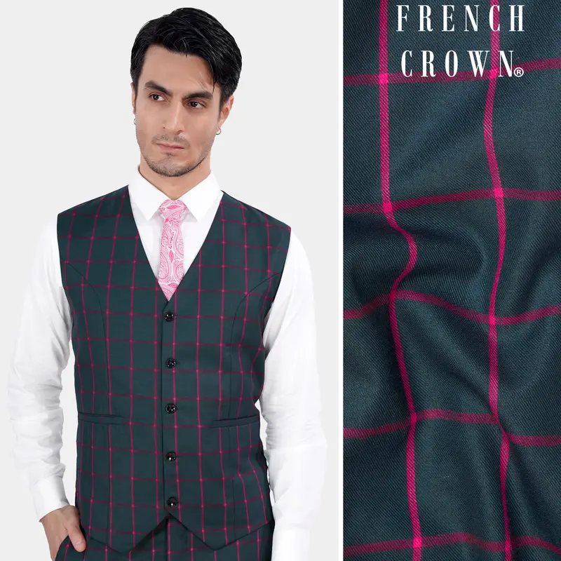 Outer Space Gray And Rouge Pink Windowpane Wool Rich Waistcoat 1