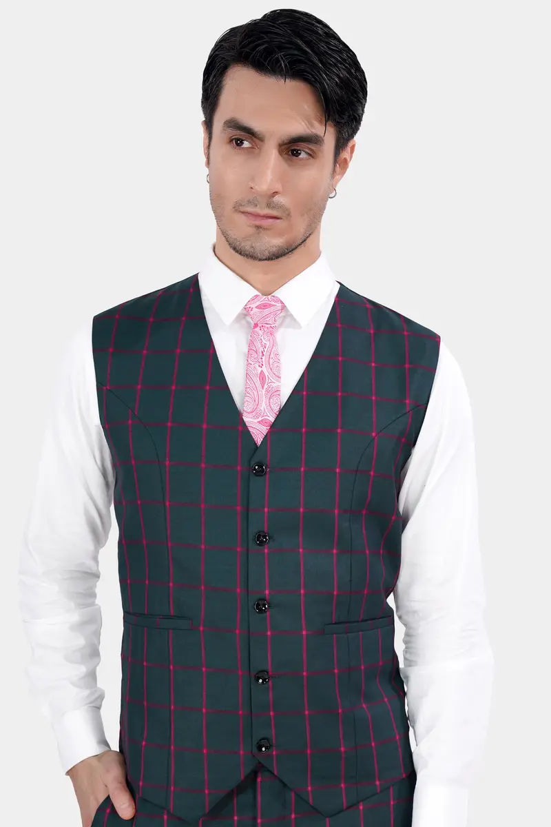 Outer Space Gray And Rouge Pink Windowpane Wool Rich Waistcoat 2
