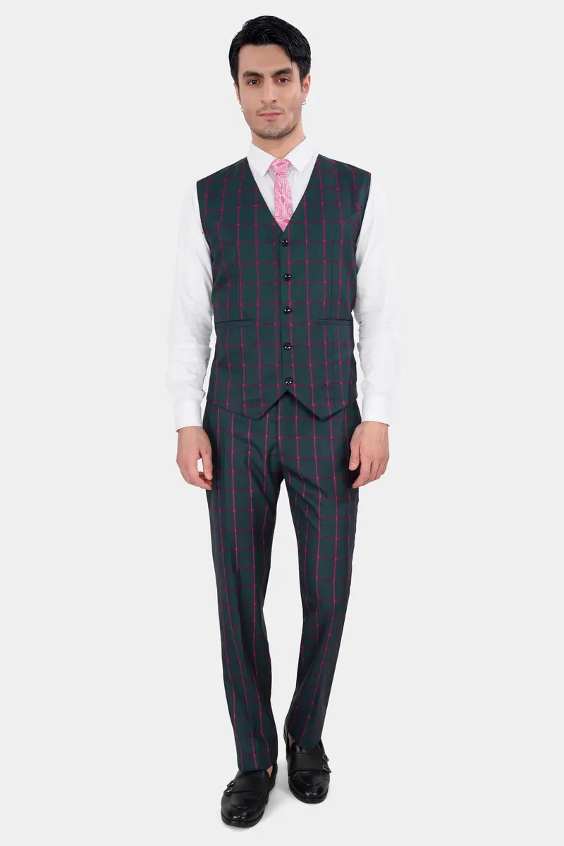 Outer Space Gray And Rouge Pink Windowpane Wool Rich Waistcoat 5