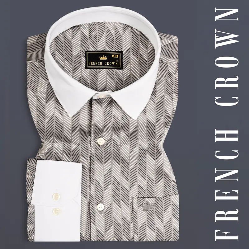 Oyster Gray And Bright White Printed Giza Cotton Shirt 1