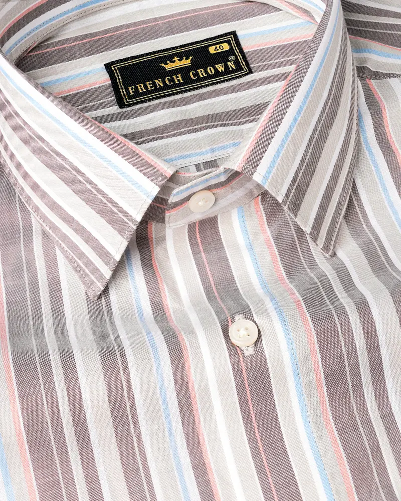 Oyster Gray With Hurricane Brown Multicolour Striped Premium Cotton Shirt 1