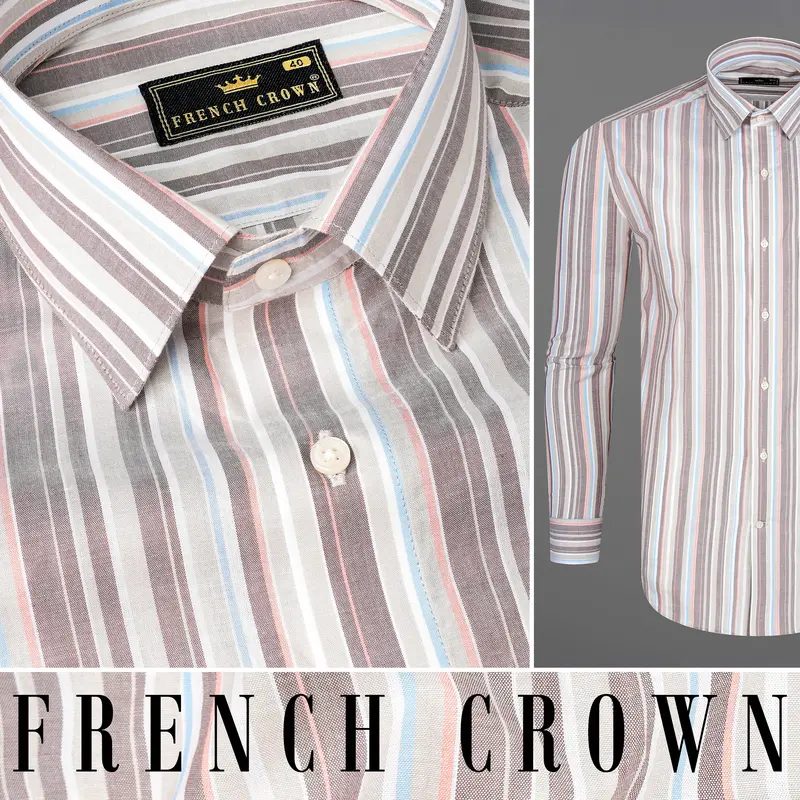 Oyster Gray With Hurricane Brown Multicolour Striped Premium Cotton Shirt 10