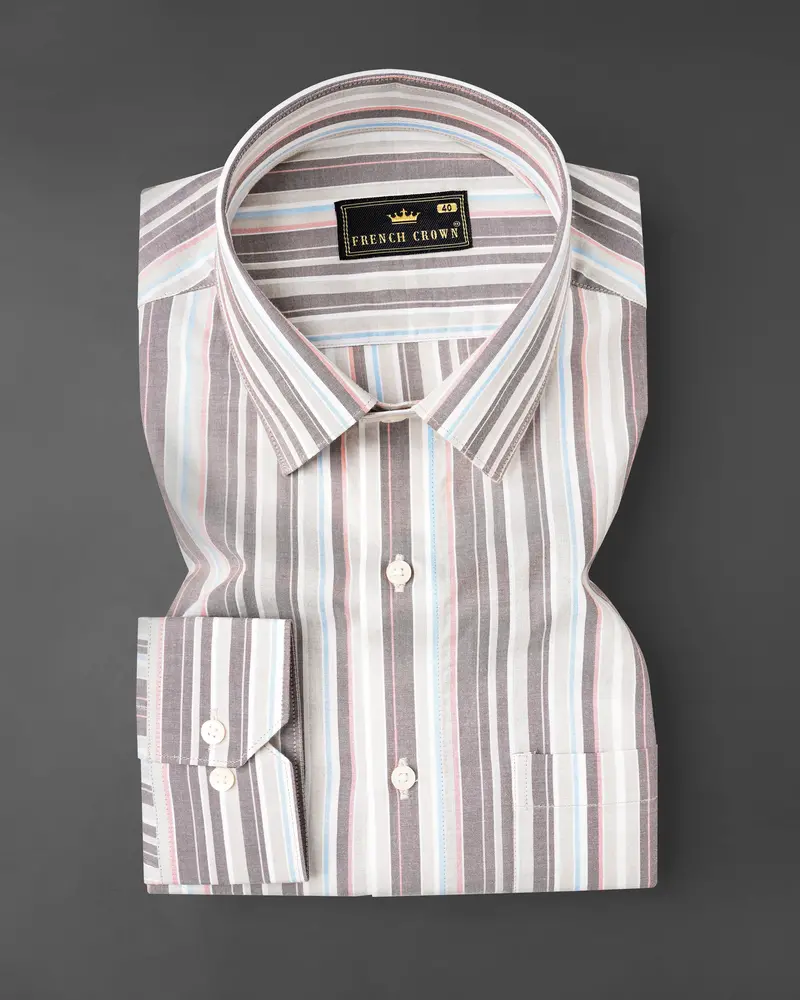 Oyster Gray With Hurricane Brown Multicolour Striped Premium Cotton Shirt 3