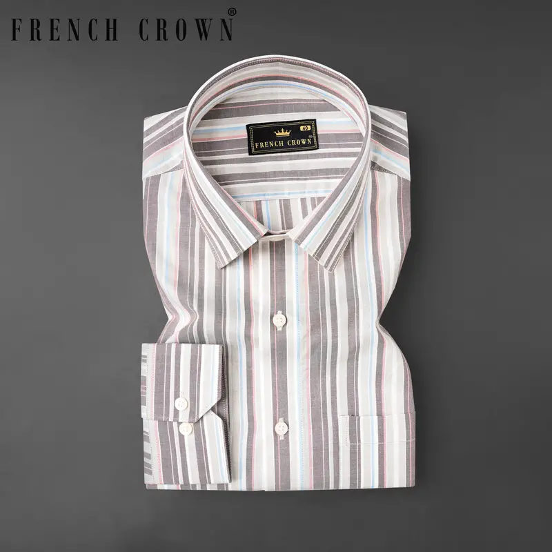 Oyster Gray With Hurricane Brown Multicolour Striped Premium Cotton Shirt 7