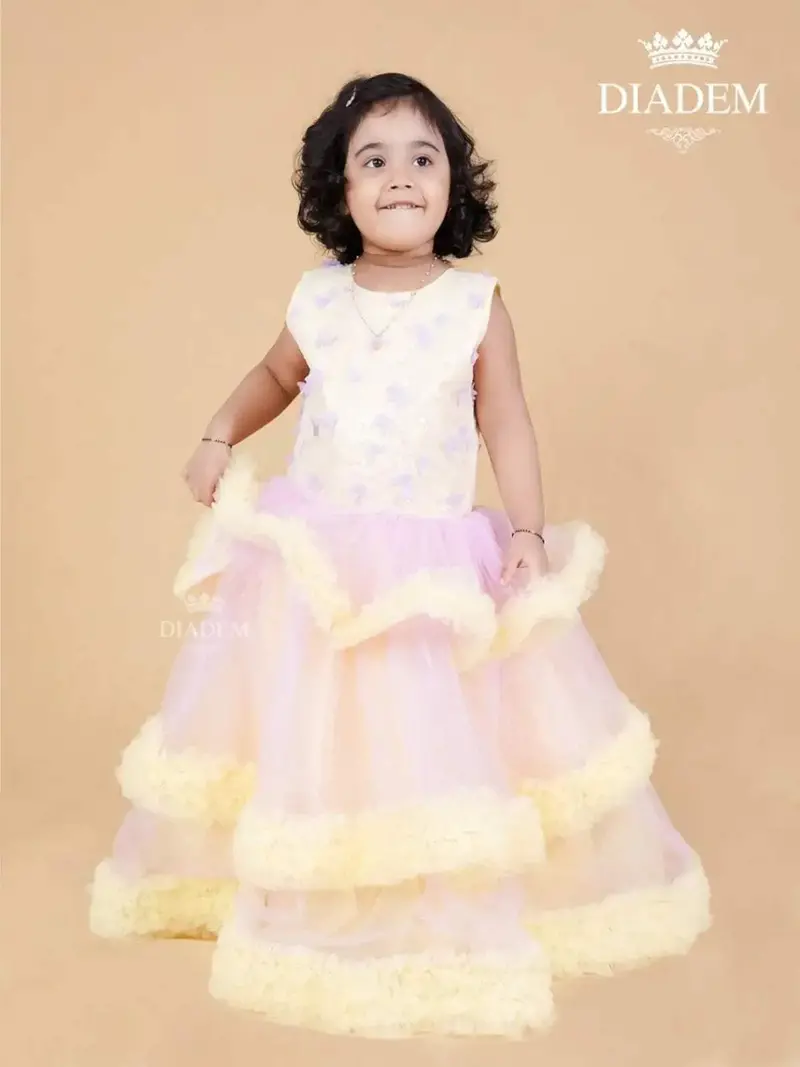 Oyster Pink Ruffled Gown With Butterfly Designs 1