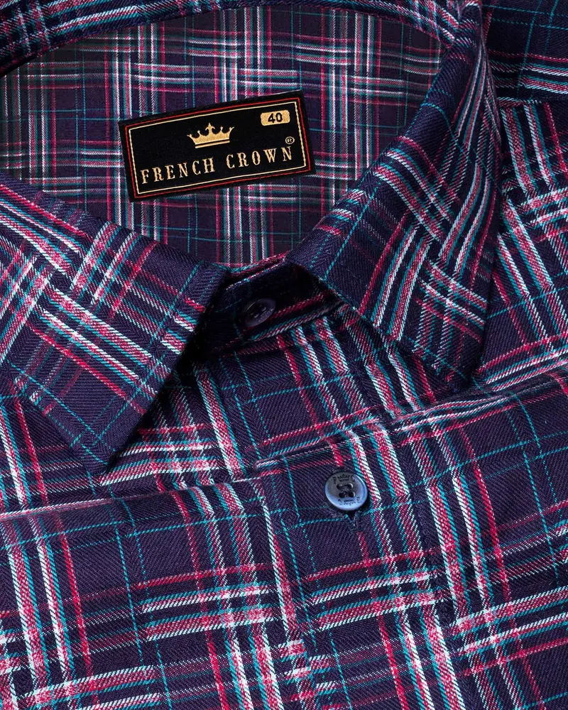 Pacific Blue And Lipstick Red Plaid Twill Textured Premium Cotton Shirt 1