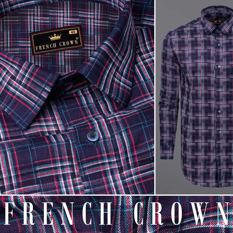 Pacific Blue And Lipstick Red Plaid Twill Textured Premium Cotton Shirt 10