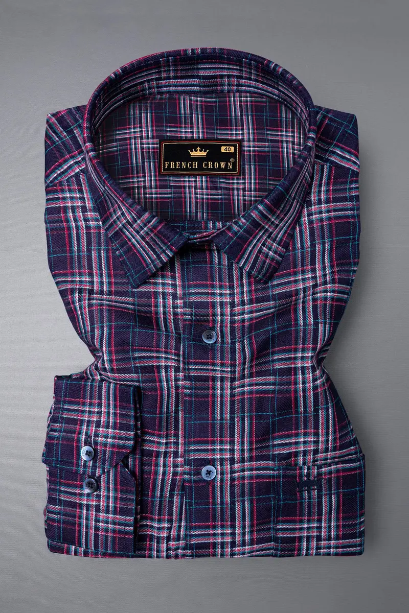 Pacific Blue And Lipstick Red Plaid Twill Textured Premium Cotton Shirt 3