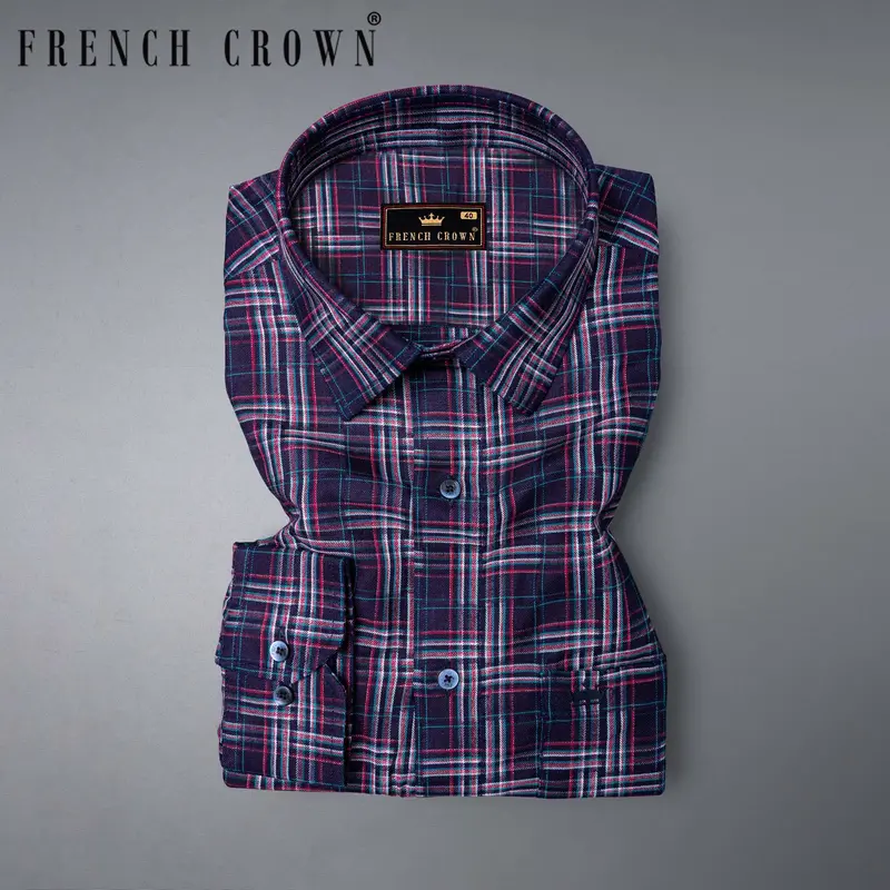 Pacific Blue And Lipstick Red Plaid Twill Textured Premium Cotton Shirt 7