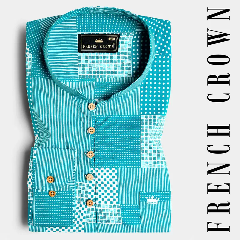 Pacific Blue And White Tile Printed Premium Cotton Kurta Shirt 1