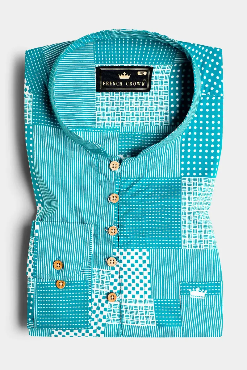 Pacific Blue And White Tile Printed Premium Cotton Kurta Shirt 2