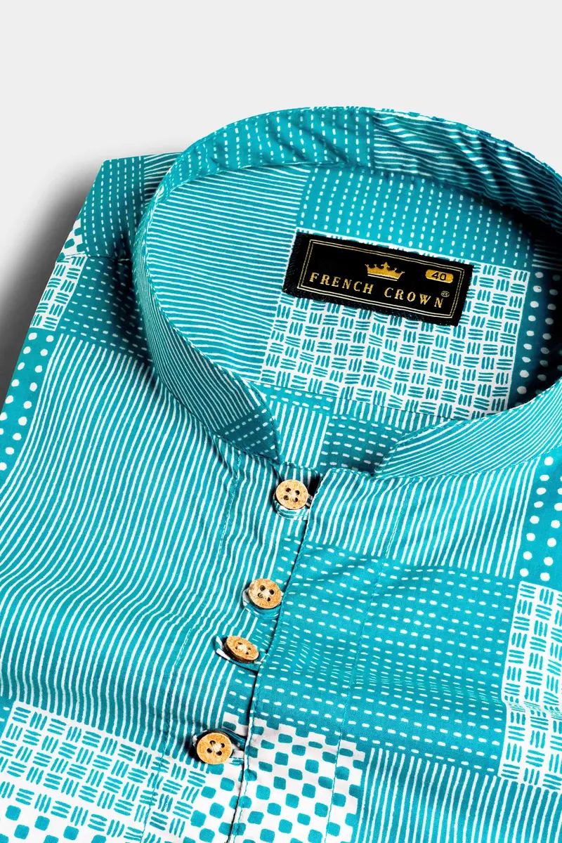Pacific Blue And White Tile Printed Premium Cotton Kurta Shirt 4