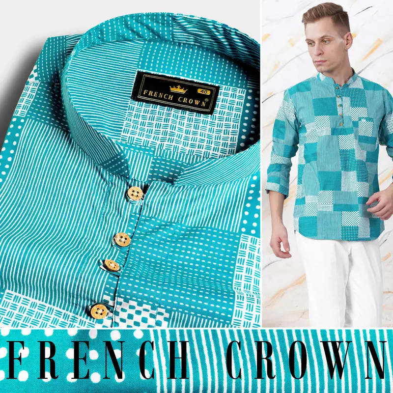 Pacific Blue And White Tile Printed Premium Cotton Kurta Shirt 5