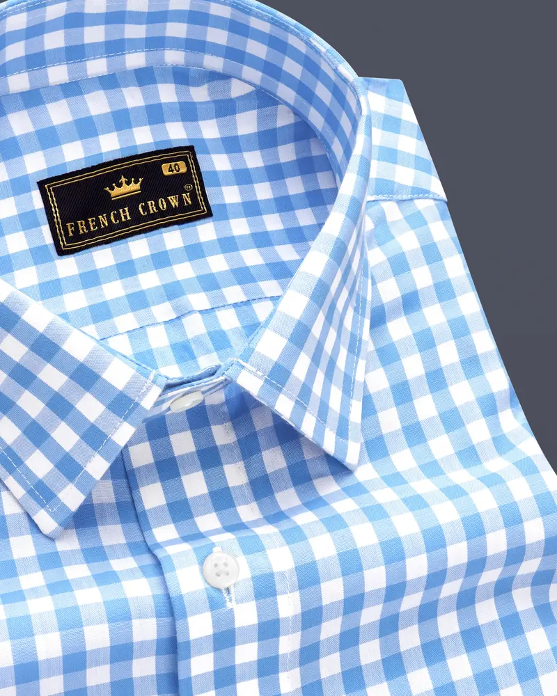 Pacific-Malibu Blue And Bright White Gingham Plaid Super Soft Premium Cotton Dress Shirt 1