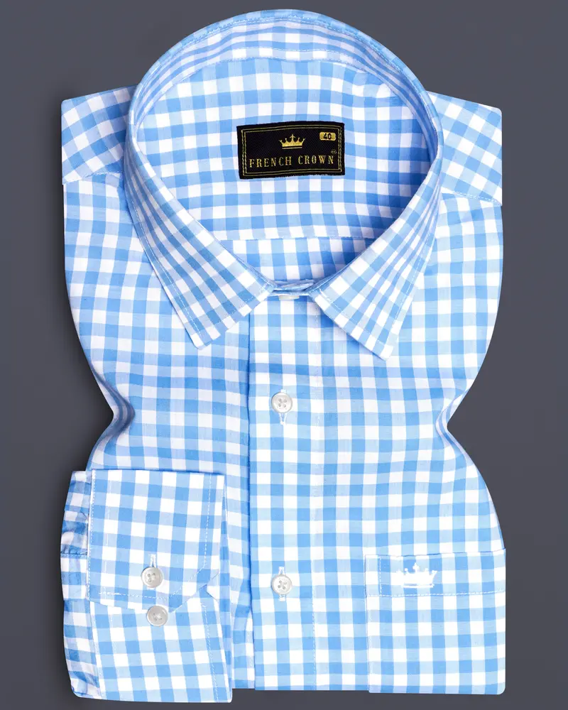 Pacific-Malibu Blue And Bright White Gingham Plaid Super Soft Premium Cotton Dress Shirt 10
