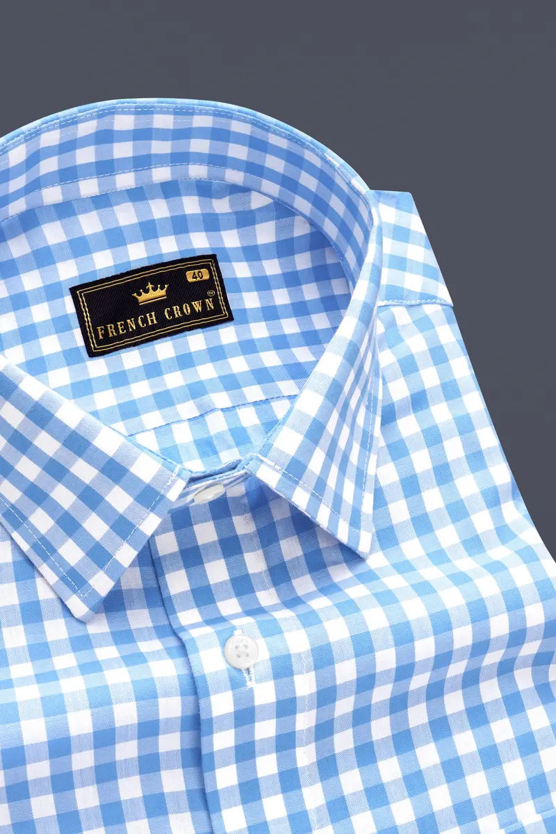 Pacific-Malibu Blue And Bright White Gingham Plaid Super Soft Premium Cotton Dress Shirt 2