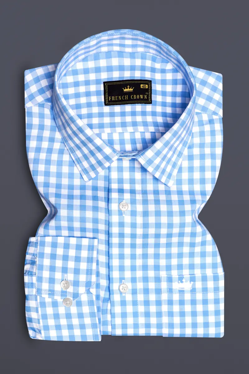 Pacific-Malibu Blue And Bright White Gingham Plaid Super Soft Premium Cotton Dress Shirt 4