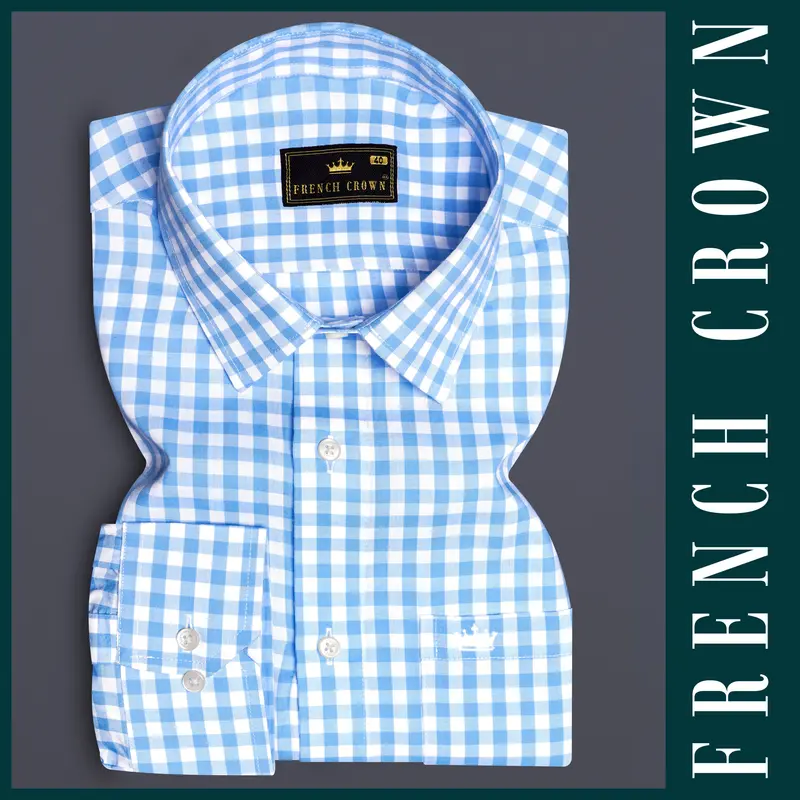 Pacific-Malibu Blue And Bright White Gingham Plaid Super Soft Premium Cotton Dress Shirt 6