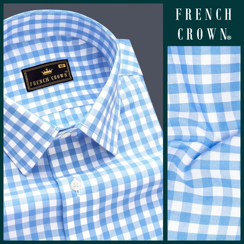 Pacific-Malibu Blue And Bright White Gingham Plaid Super Soft Premium Cotton Dress Shirt 8