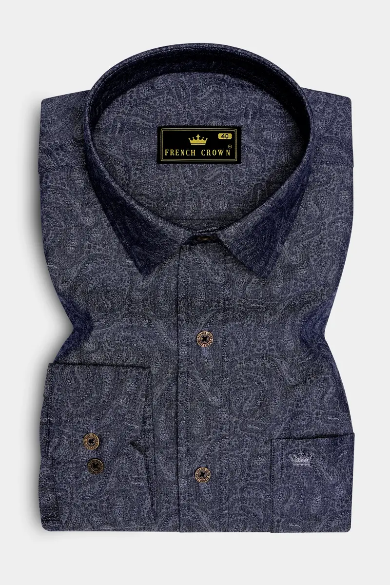 Paiscrest-Vulcan Denim Blue Paisley Printed Super Soft Premium Cotton Casual Shirt 4