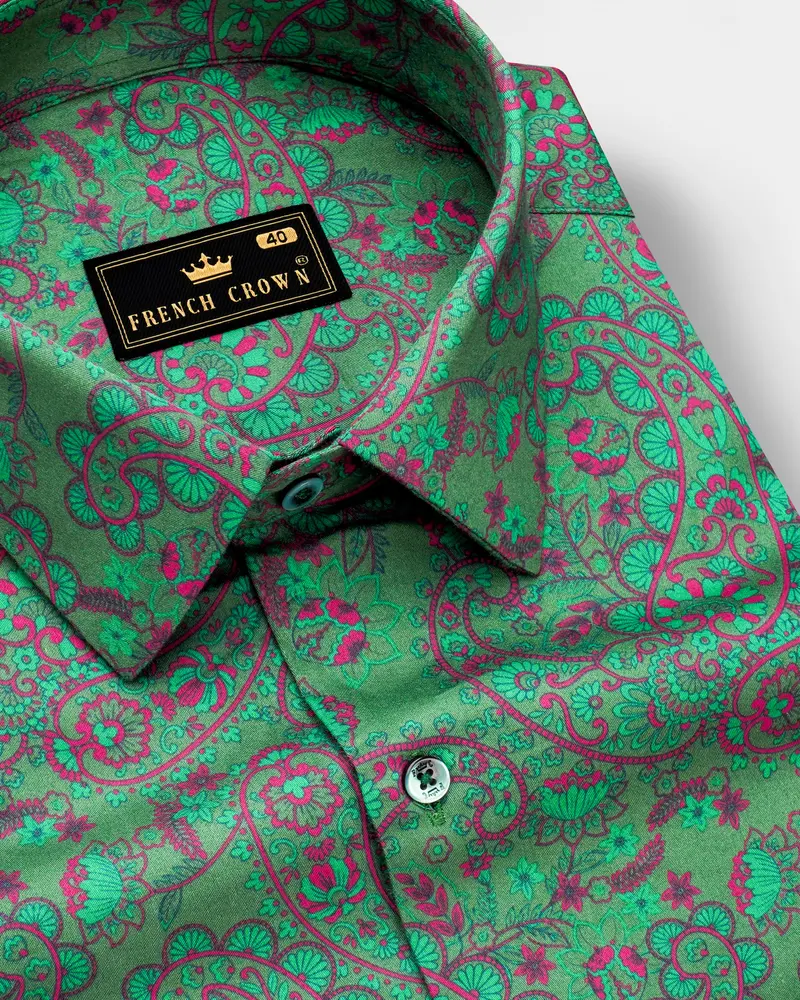 Paisvion-Lichen Green With Violet Pink Paisley Printed Subtle Sheen Super Soft Premium Cotton Semi Formal Shirt 1