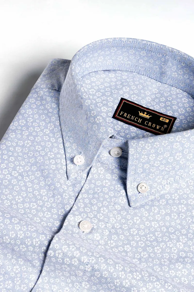 Pale Aqua Blue And White Ditsy Printed Royal Oxford Shirt 1